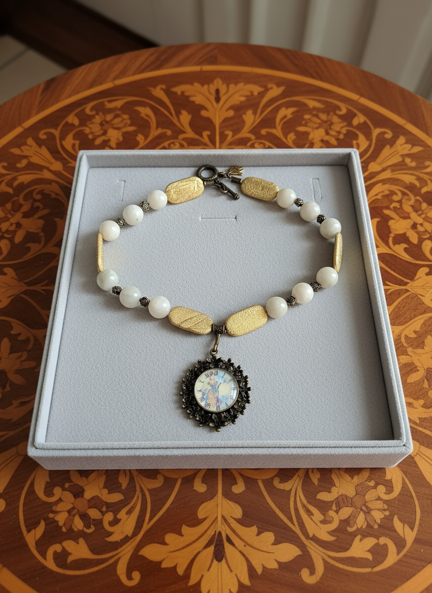 Collier en pierres de lune véritables et camée rond NACRELUNE collier