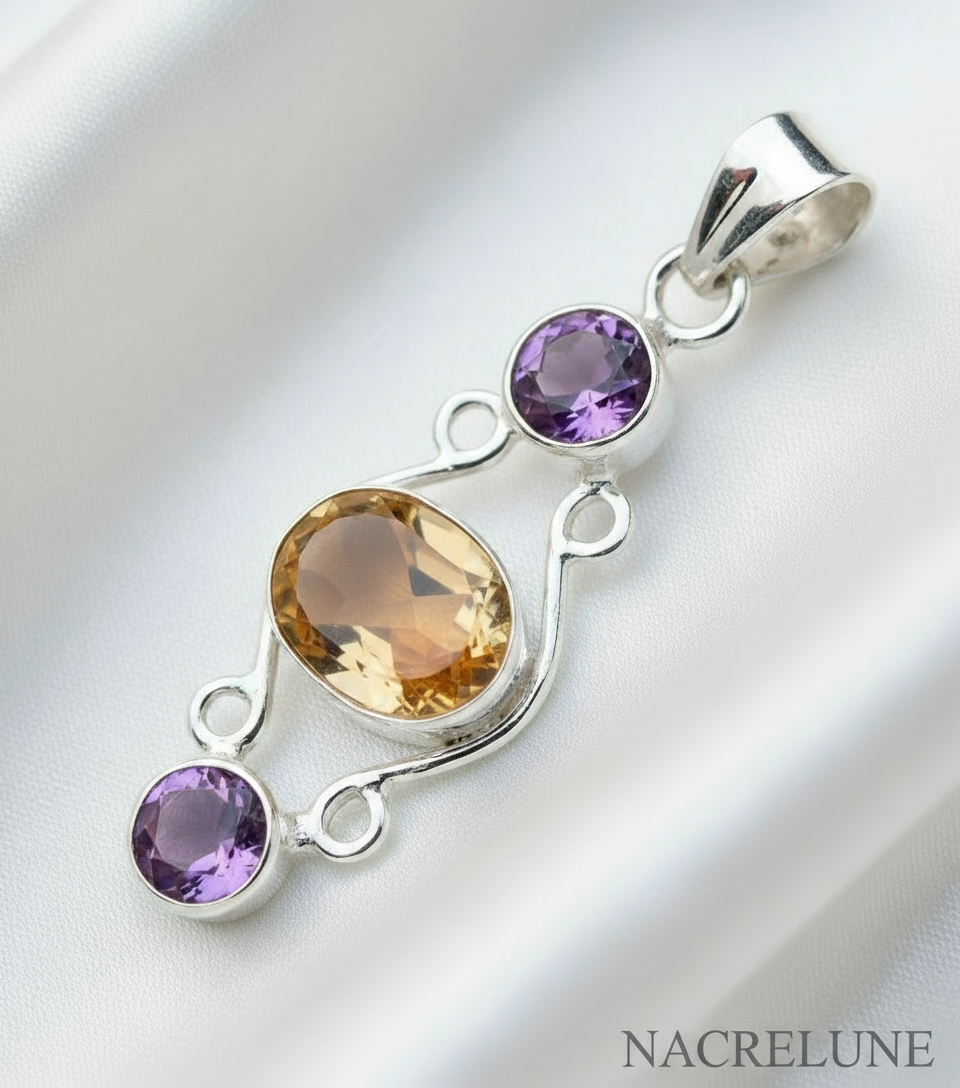 Pendentif argent 925 citrine et améthystes taillées - Élégance et brillance NACRELUNE collier