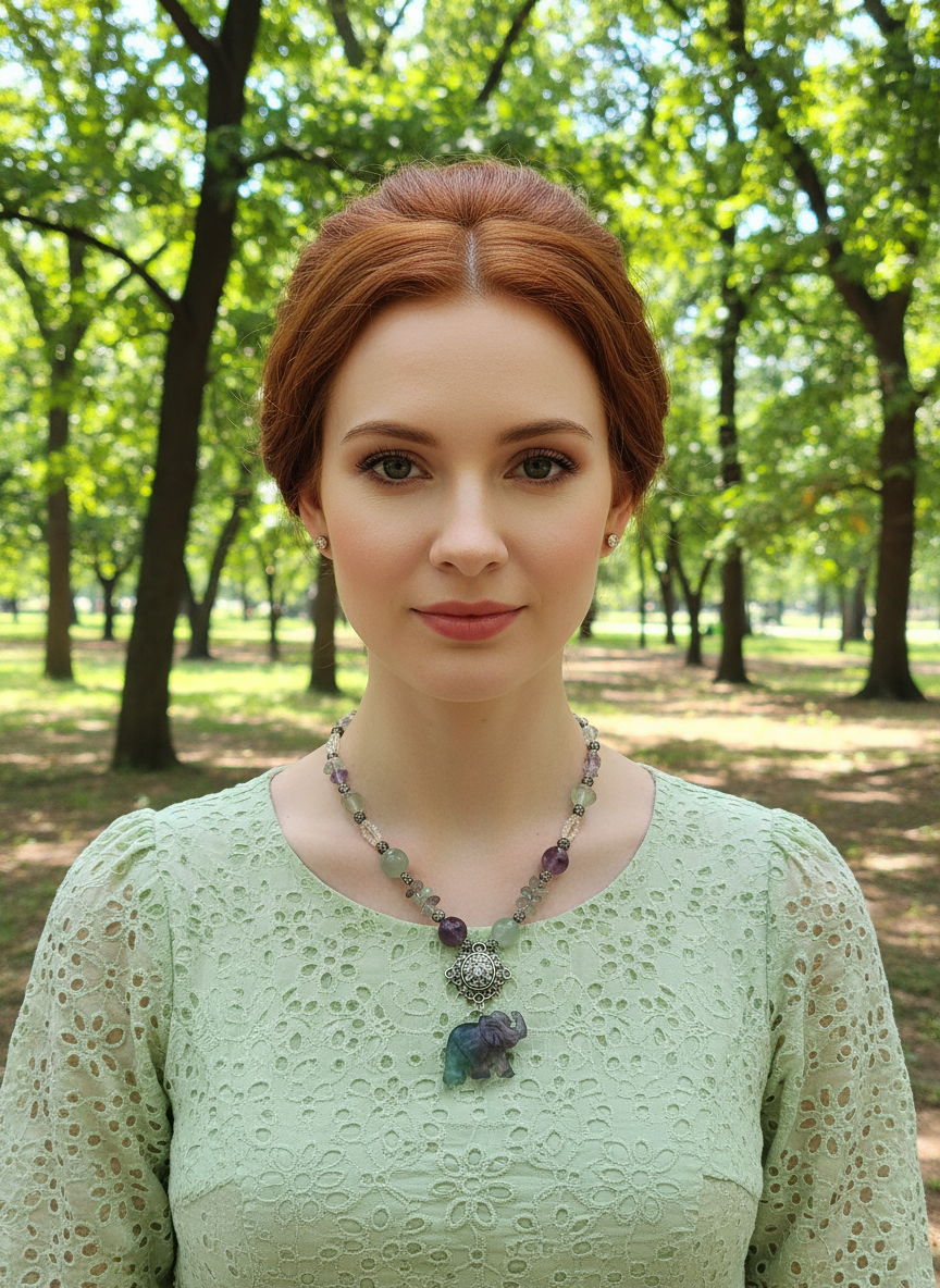 Collier en perles et elephant sculptés en fluorite naturelle et perles avec camée métal NACRELUNE collier