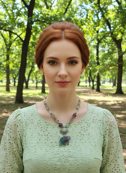 Collier en perles et elephant sculptés en fluorite naturelle et perles avec camée métal NACRELUNE collier