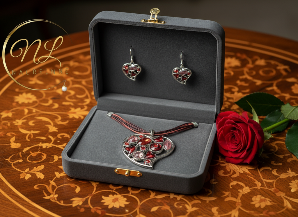 Pendentif en émail et strass en forme de coeur avec boucles assorties nacrelune.com parure