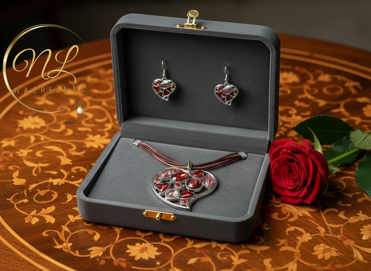 Pendentif en émail et strass en forme de coeur avec boucles assorties NACRELUNE parure