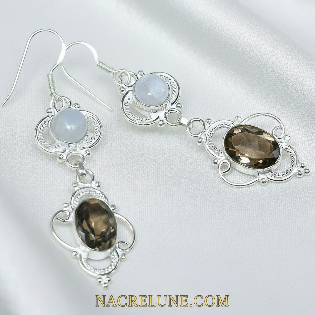 Boucles d'oreille en argent avec pierre lune et quartz fumé NACRELUNE boucles d'oreille