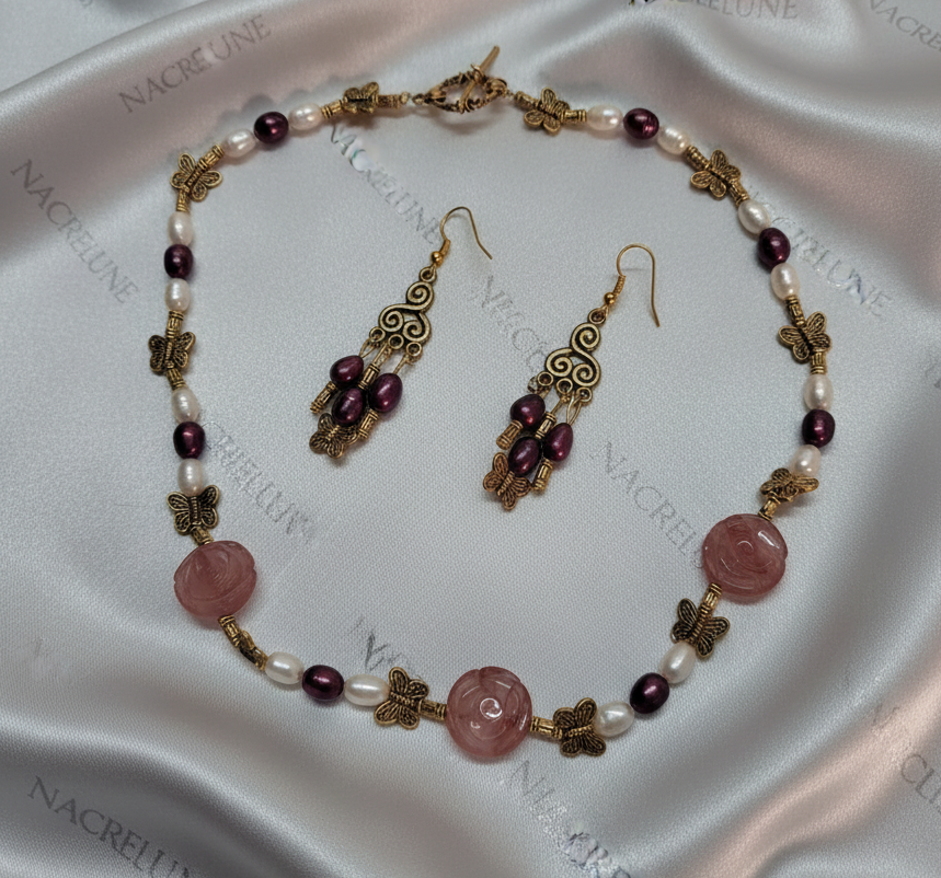 Parure fleurs quartz rouges et perles de culture bicolores NACRELUNE parure