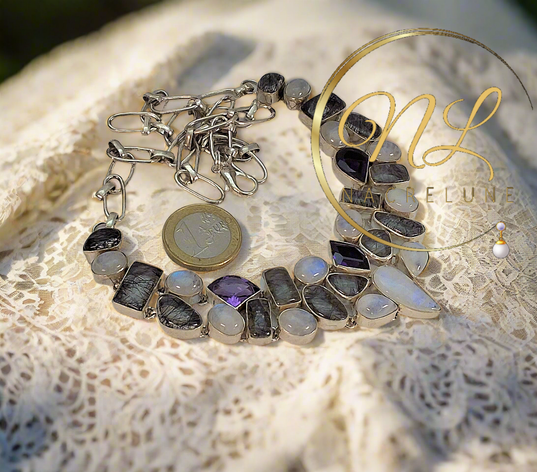 Collier en argent 925 avec pierres de lune, quartz rutiles et améthystes