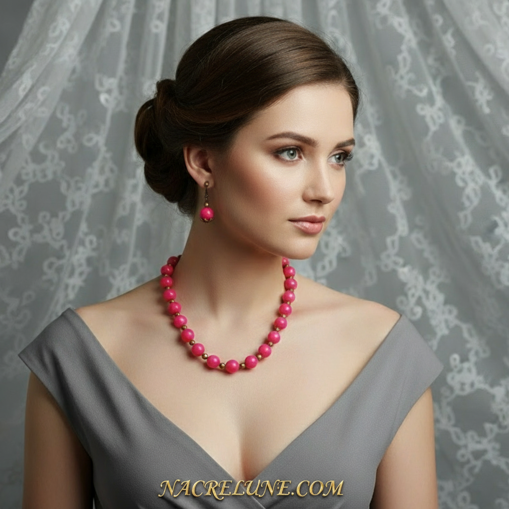 Parure en perles de quartz roses polis NACRELUNE parure