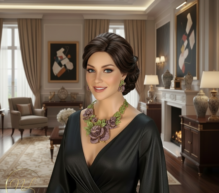 Grande parure en strass représentant des roses mauves NACRELUNE parure