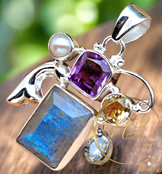 Pendentif en argent 925 avec labradorite, améthyste et citrine