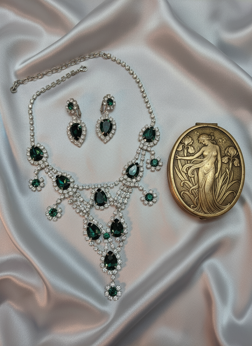👑Parure vintage en strass verts NACRELUNE parure