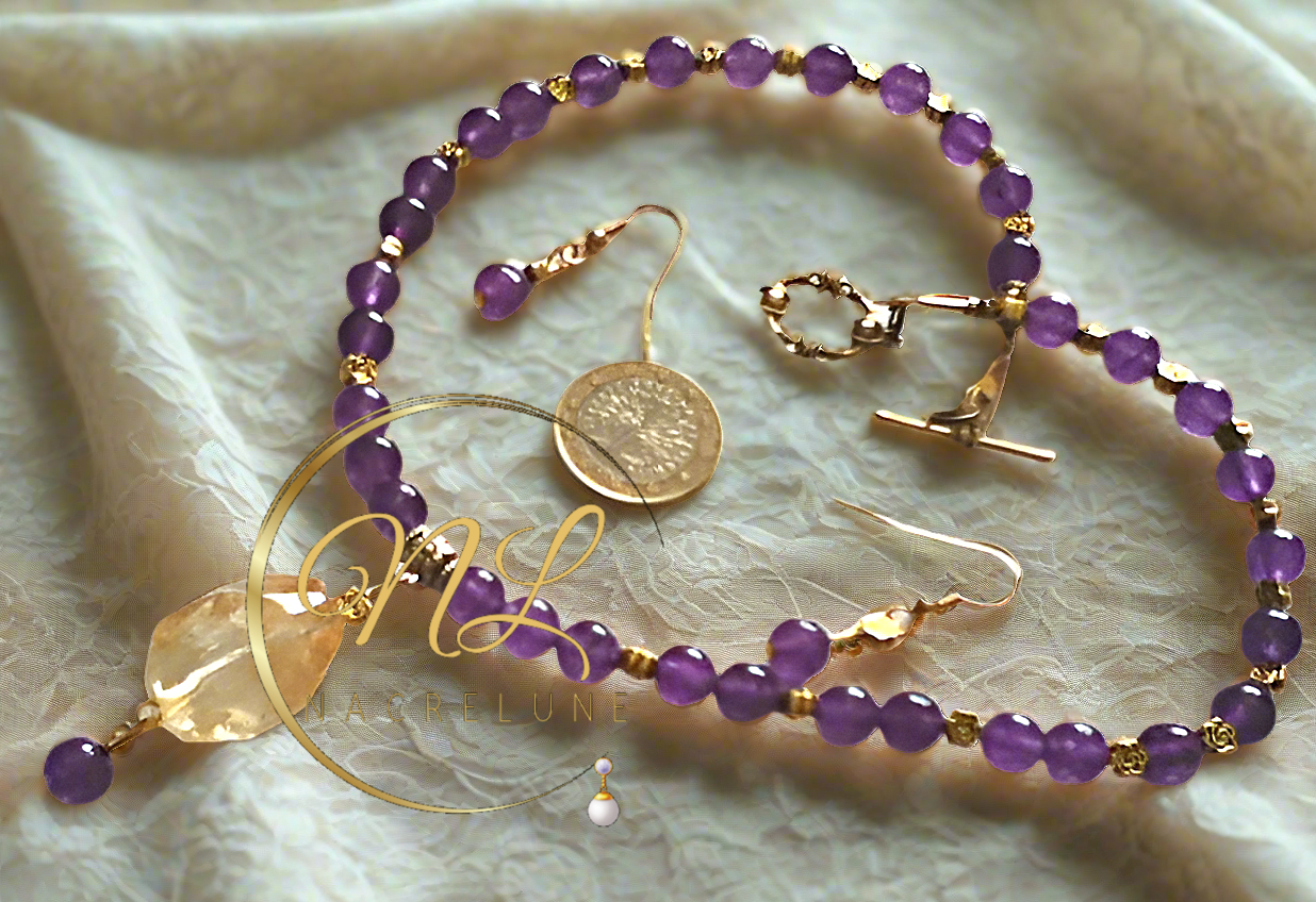 Parure en perles d'améthystes véritable et grande citrine facettée