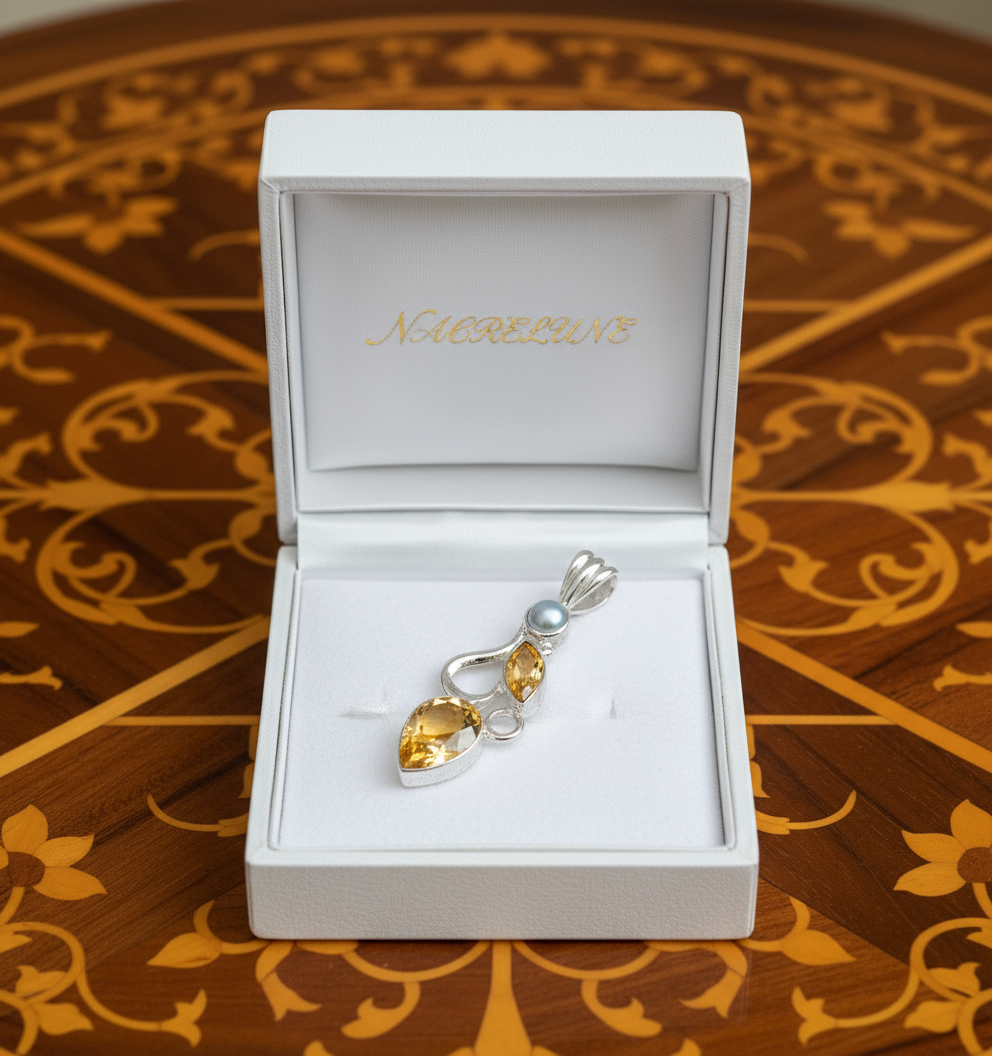Pendentif en argent 925 avec perle et citrine taillée nacrelune.com collier