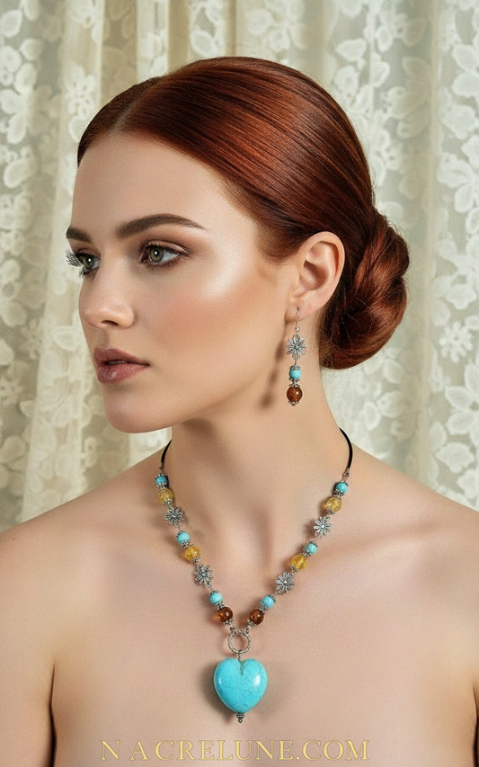 Parure ambre et cœur turquoise NACRELUNE parure