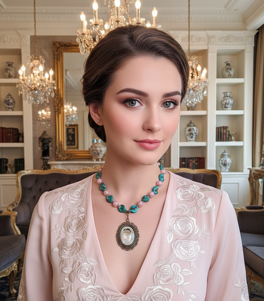 collier en perles de verre et acrylique avec grand camée victorien NACRELUNE collier