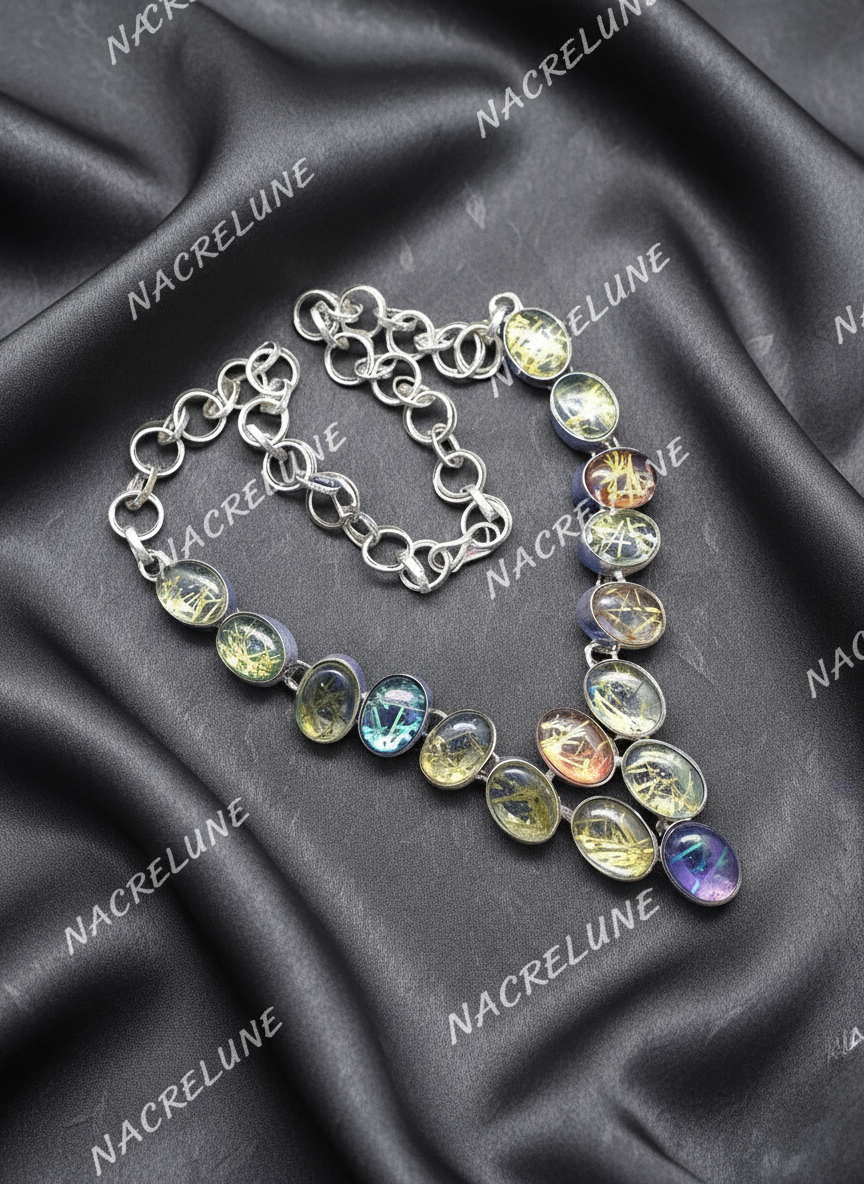 Collier en argent 925 et quartz rutiles scintillants multicolores nacrelune.com collier