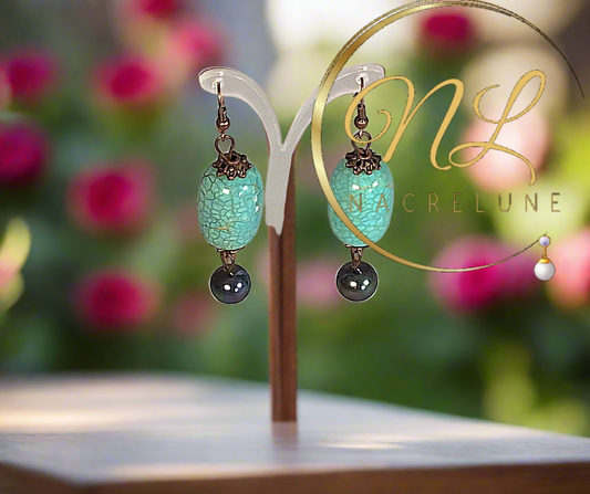 boucles d'oreille en turquoise reconstituée et perles d'eau