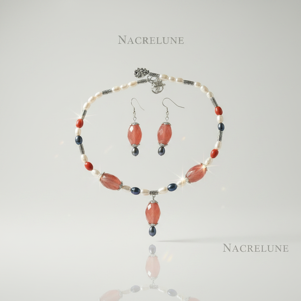 Parure Perles de Quartz Facettees Rouges - Passion Energie & Eclat Ardent | NACRELUNE NACRELUNE parure