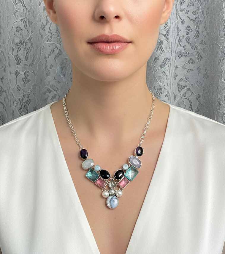 Collier argent et pierres semi précieuses NACRELUNE collier