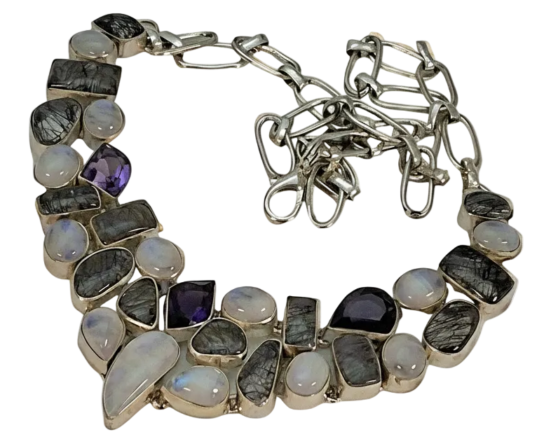Collier en argent 925 avec pierres de lune, quartz rutiles et améthystes nacrelune.com collier