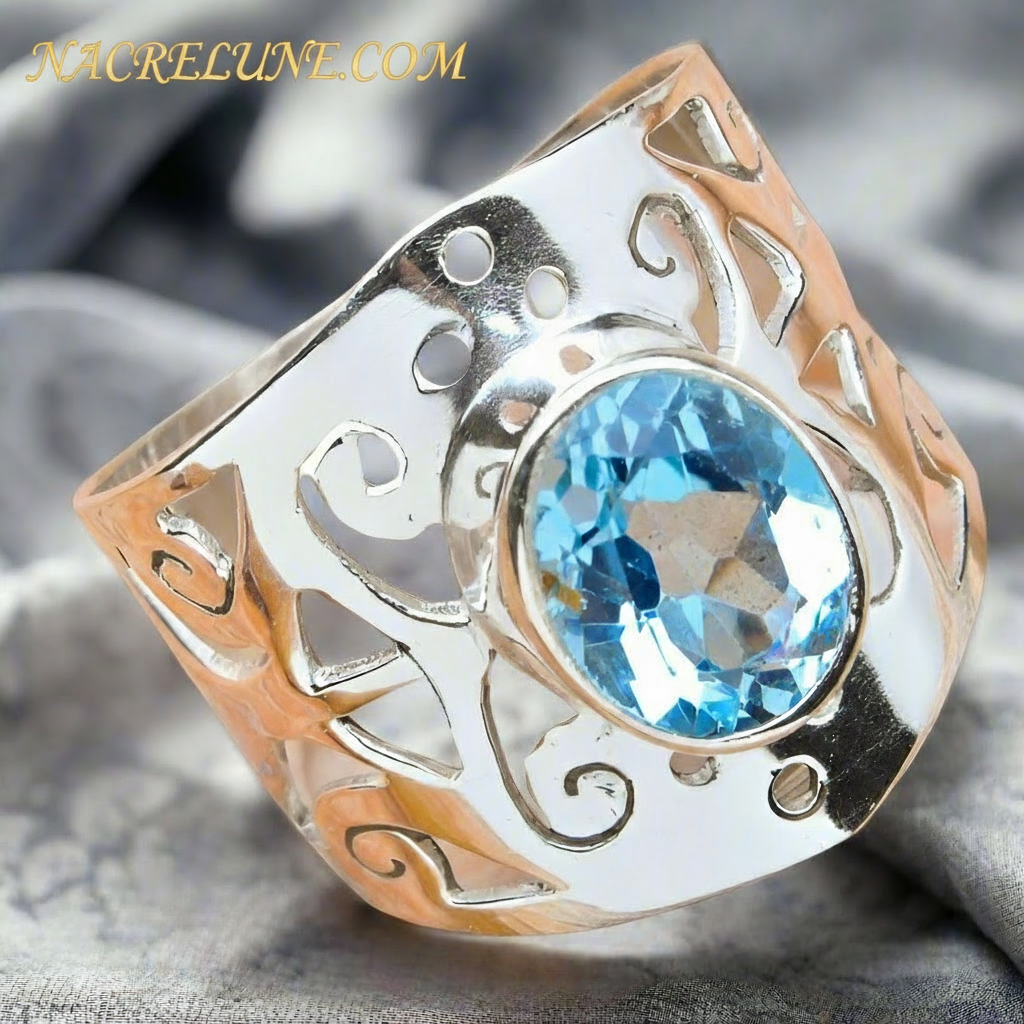Bague en argent 925 avec topaze bleue taillée 52 NACRELUNE Bague