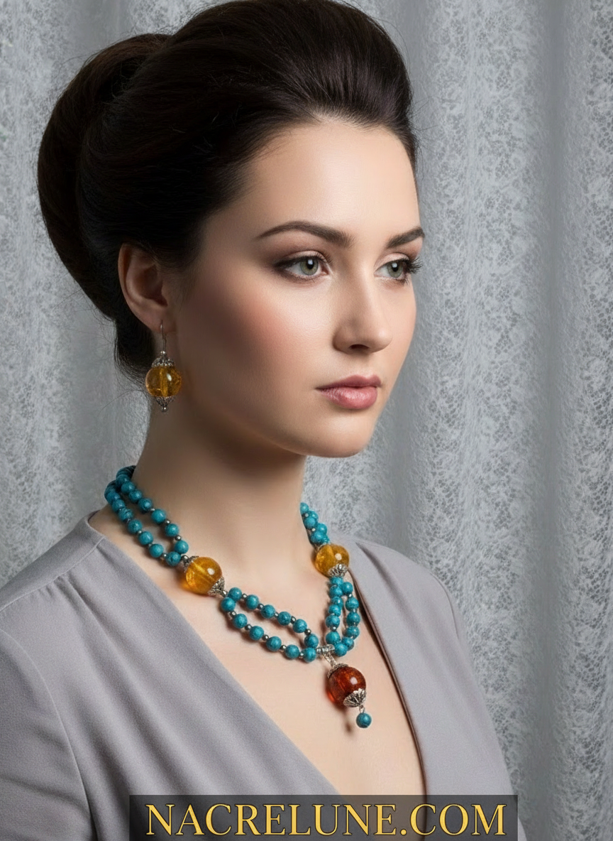 Parure en perles turquoise et d'ambre recontituées NACRELUNE parure