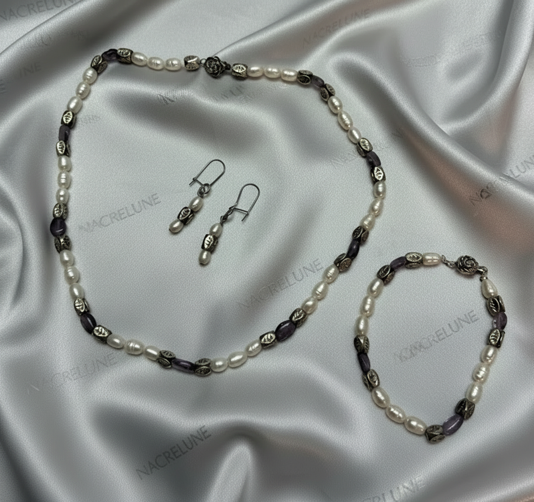 Parure en perles de culture avec améthystes véritables polies NACRELUNE parure
