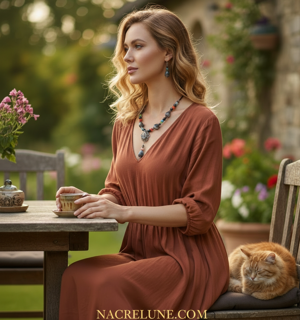 Parure en perles d’agate grise et porcelaine colorées nacrelune.com parure