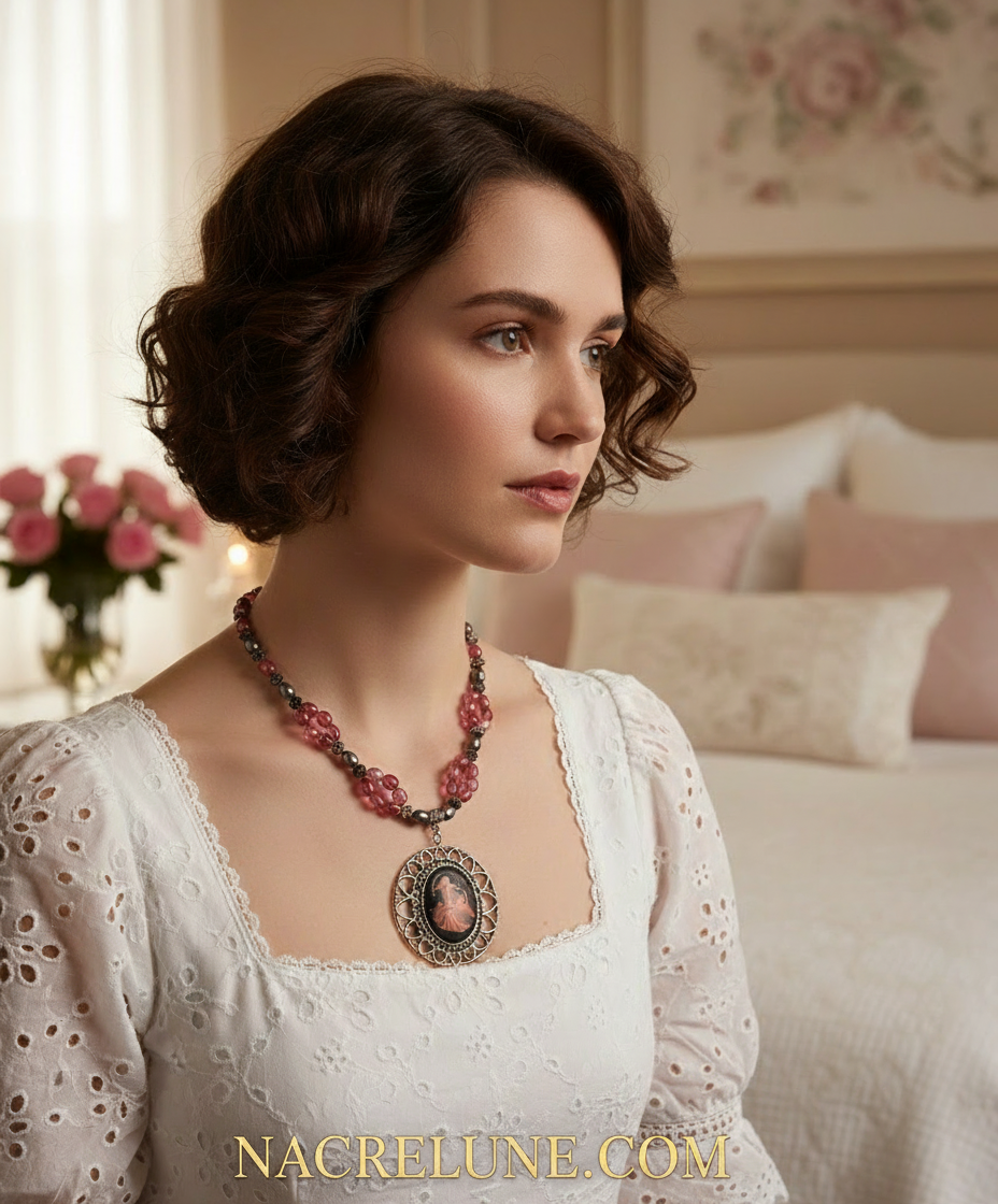 Collier en perles de culture roses avec camée nacrelune.com collier