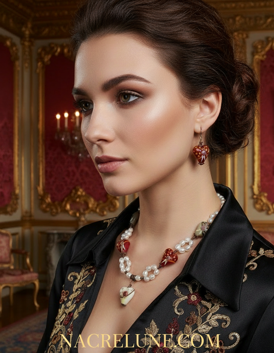 parure en perles de culture et coeurs en verre décoré nacrelune.com parure