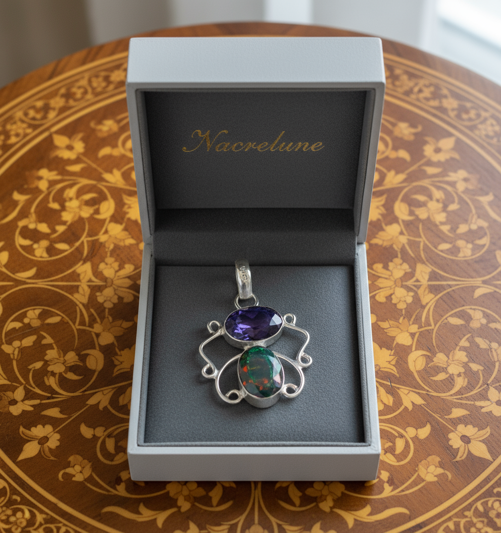 Pendentif en argent avec améthyste et topaze mystique taillées nacrelune.com pendentif