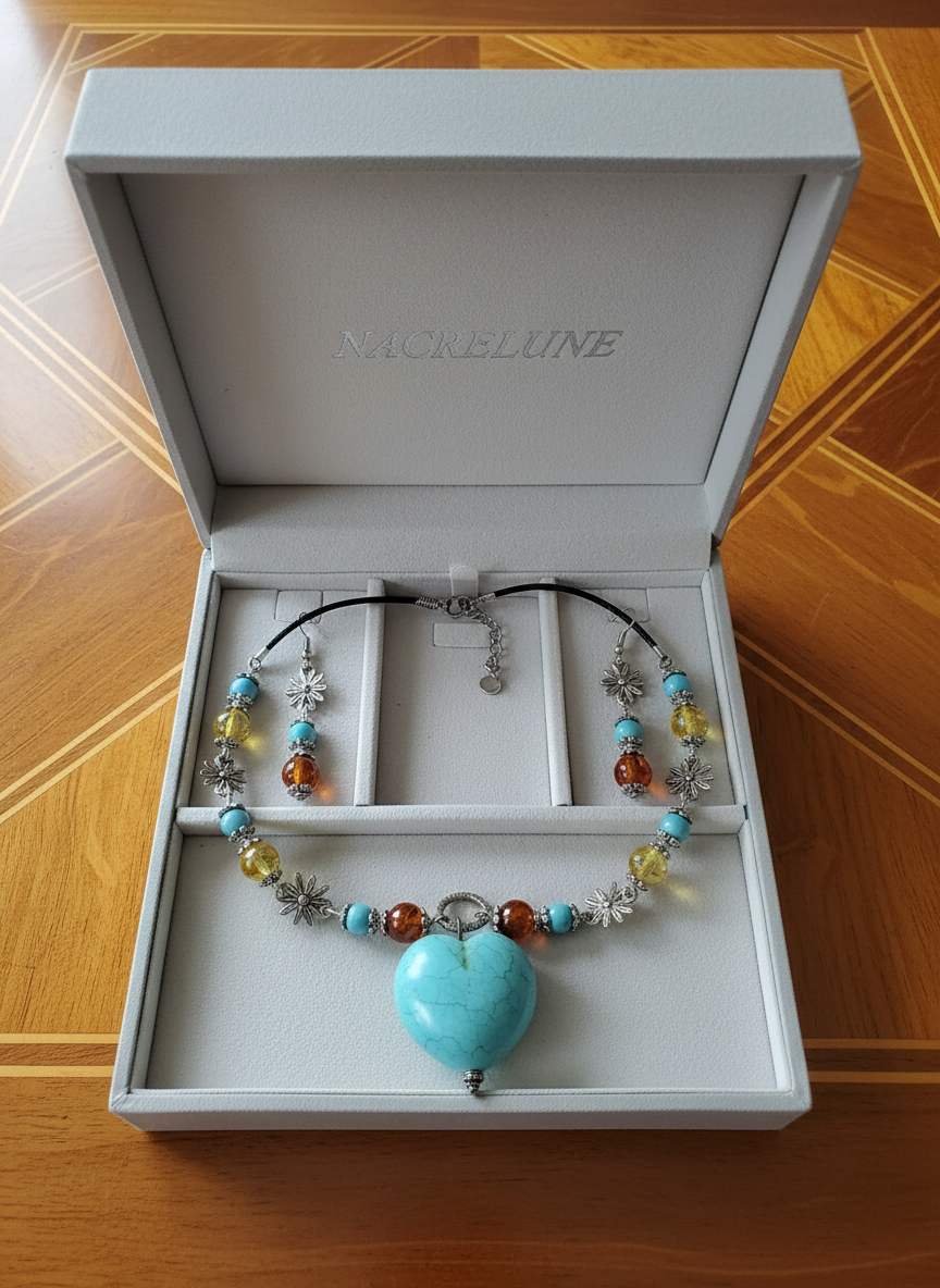 Parure ambre et cœur turquoise NACRELUNE parure