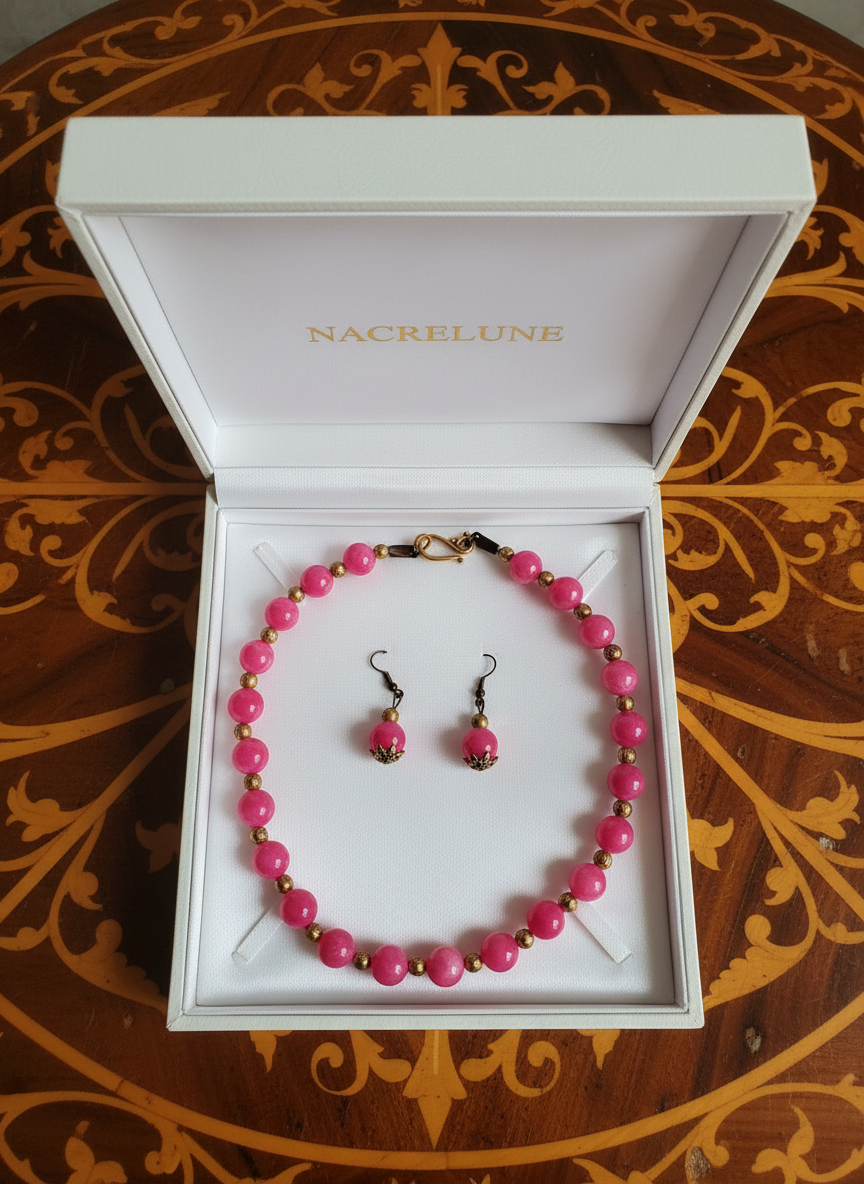 Parure en perles de quartz roses polis rose NACRELUNE parure