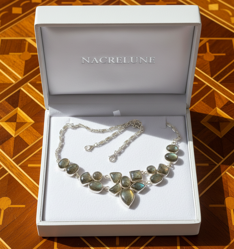 Collier en argent 925 avec labradorites naturelles nacrelune.com collier