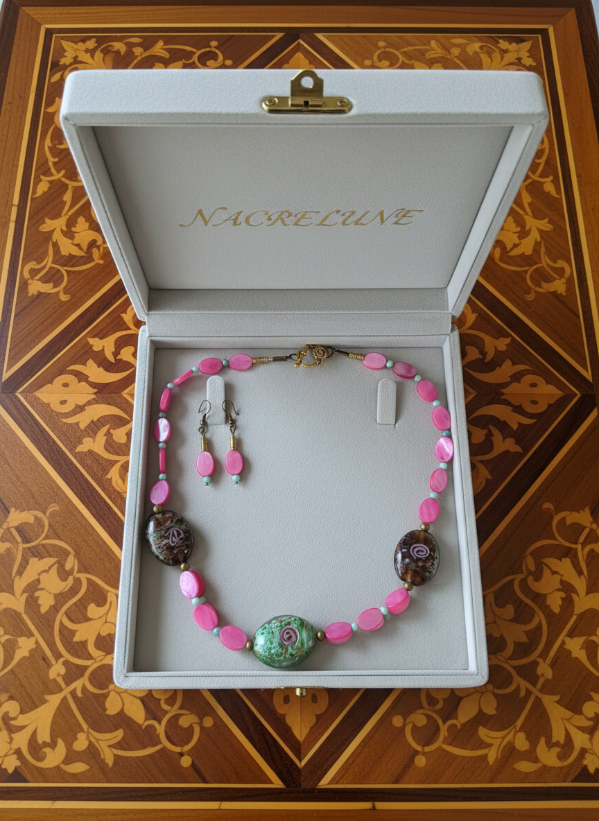 Parure en perles de nacre et grandes perles de verre nacrelune.com parure