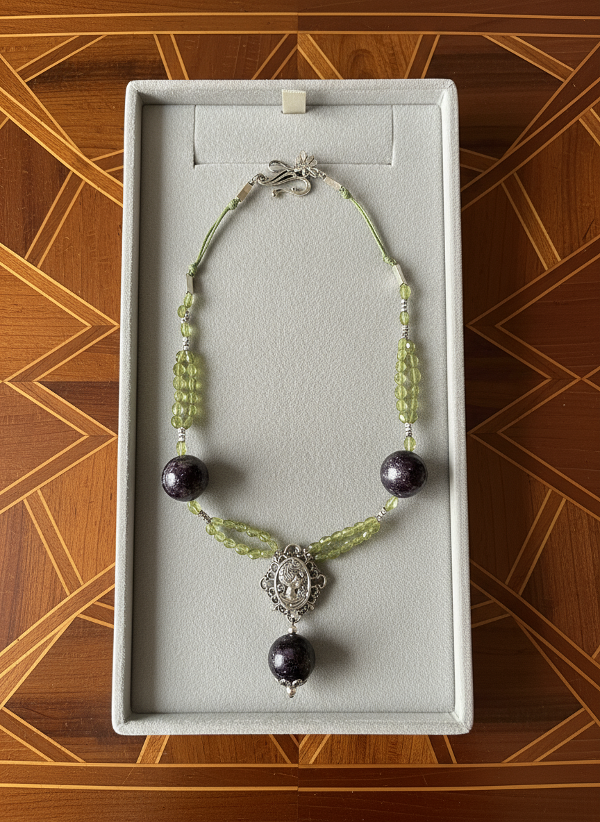 Collier en perlles de tourmalines noires et peridots véritables nacrelune.com collier