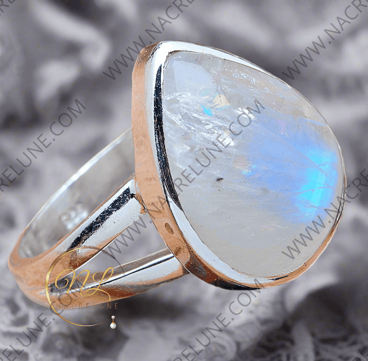 Bague en argent véritable avec magnifique pierre de lune bleue