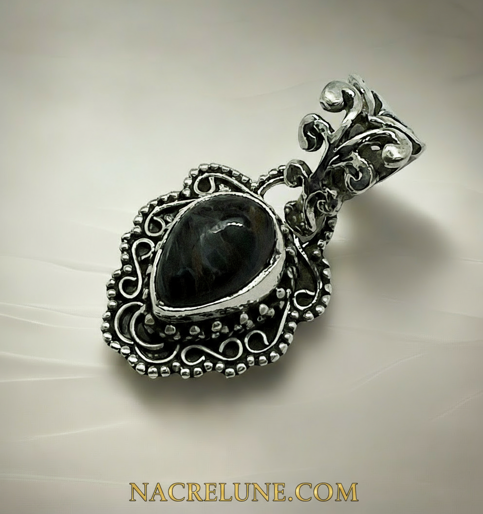 Petit pendentif argent et oeil du tigre NACRELUNE pendentif