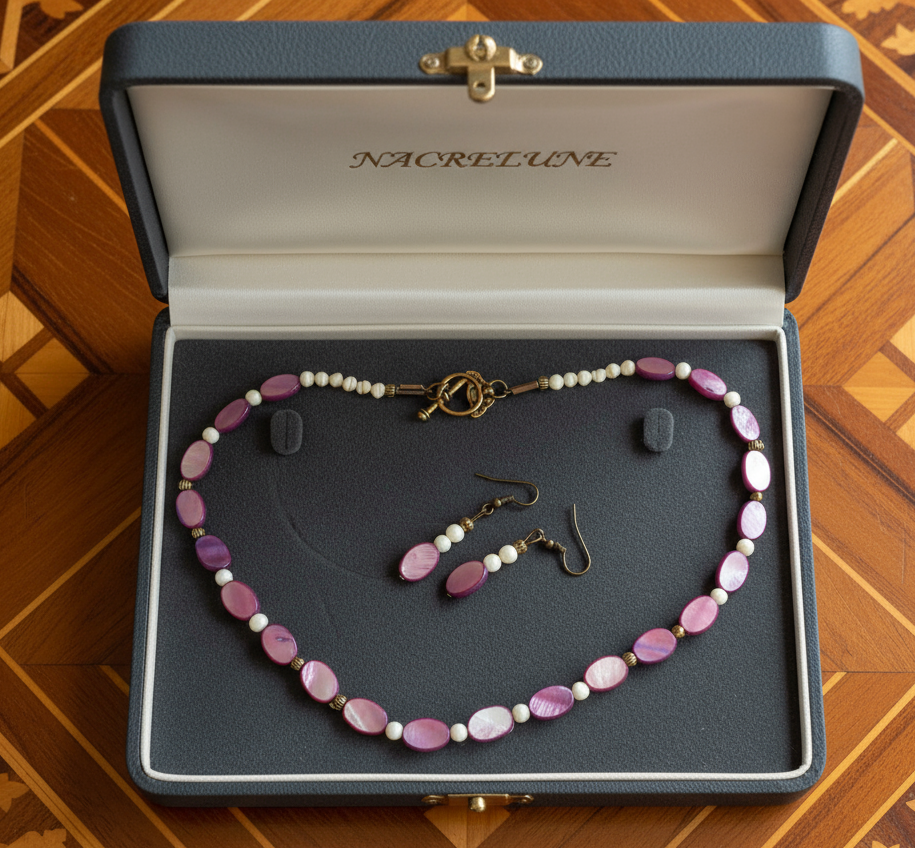 Parure en perles pastilles de nacre Violet nacrelune.com parure