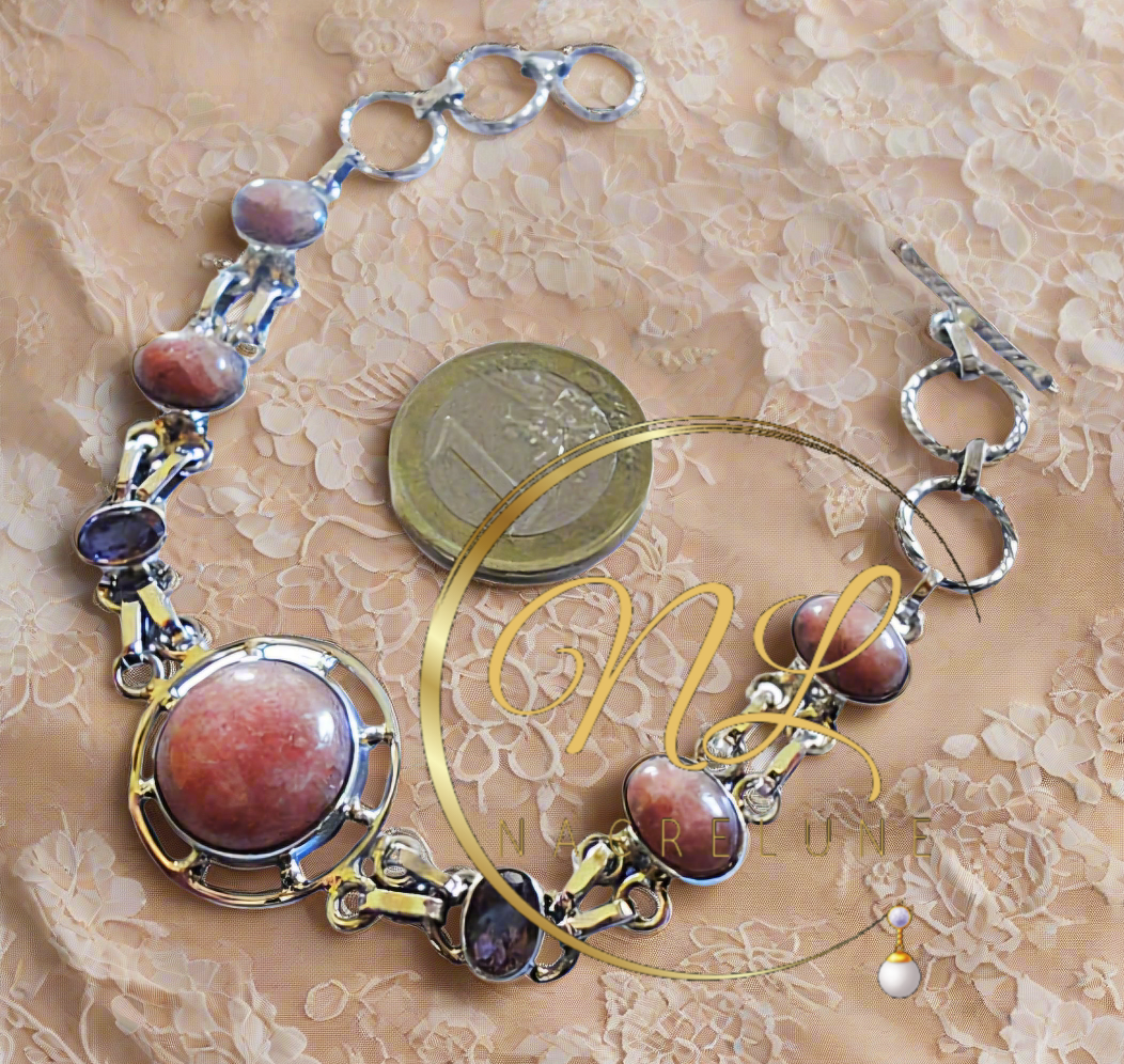 Bracelet en argent avec rhodocrosites et améthystes