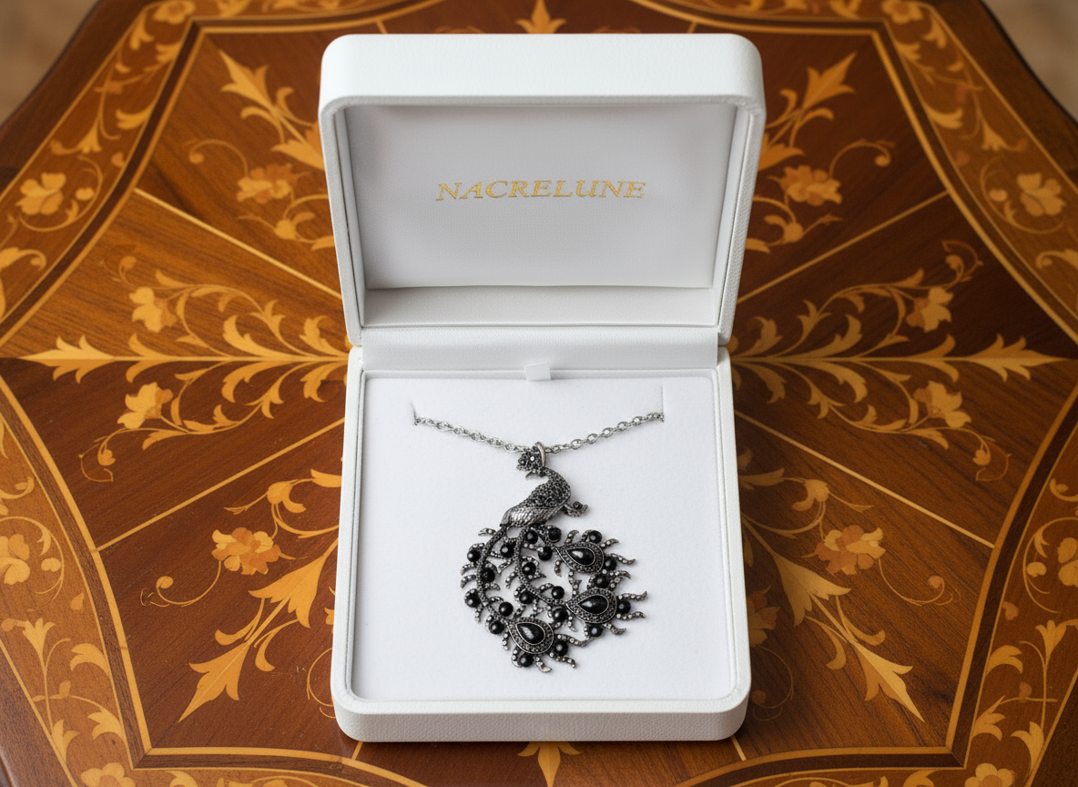 Pendentif en strass sur sa longue chaîne représentant un paon : 2 versions disponibles Noir nacrelune.com pendentif