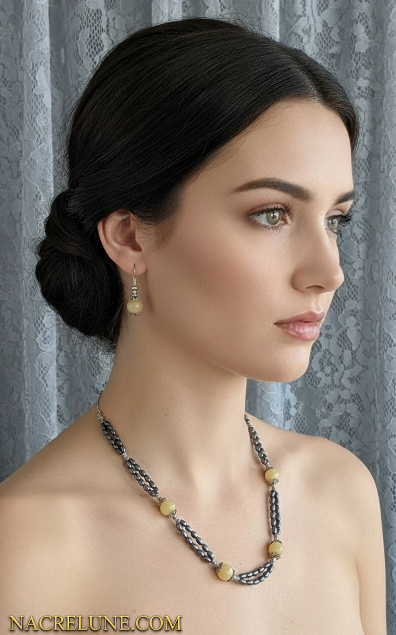 Parure en petites perles de culture irisées et citrines polies NACRELUNE parure