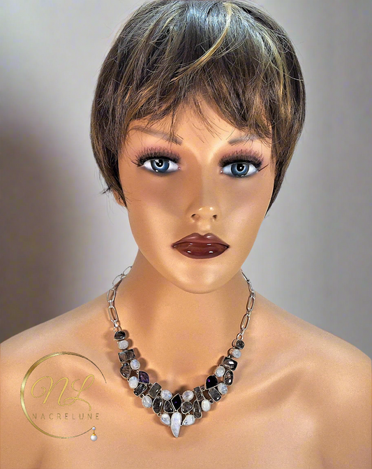 Collier en argent 925 avec pierres de lune, quartz rutiles et améthystes