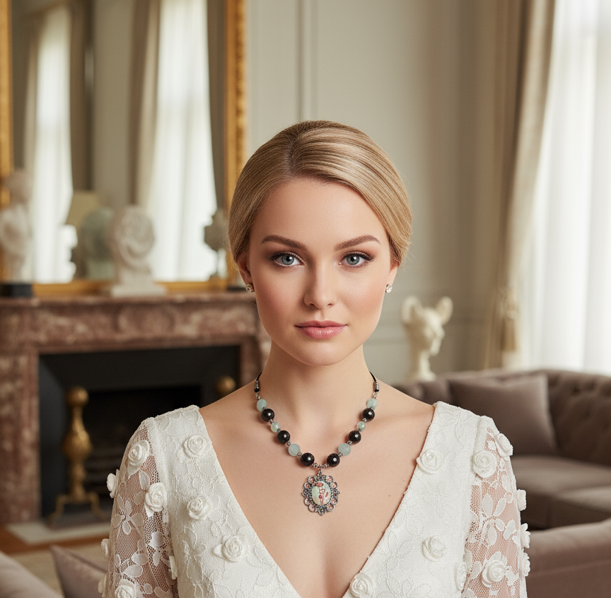 Collier en perles d'aigue marines et tourmalines véritables avec camée petite fée des fleurs NACRELUNE collier