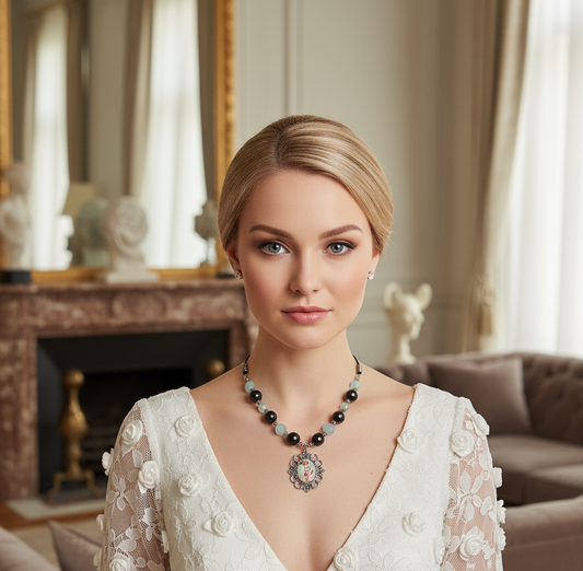 Collier en perles d'aigue marines et tourmalines véritables avec camée petite fée des fleurs NACRELUNE collier