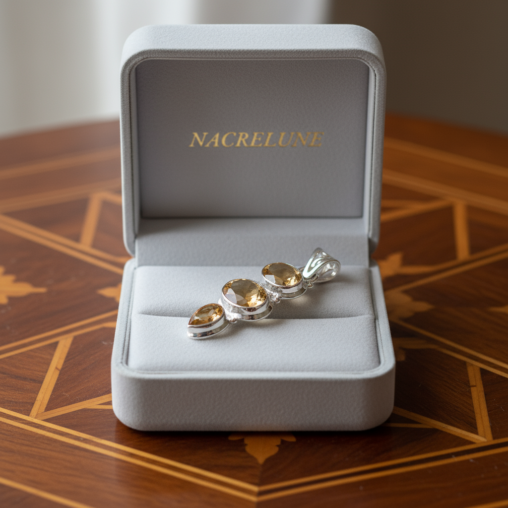 Pendentif en argent 925 avec citrines taillées nacrelune.com collier