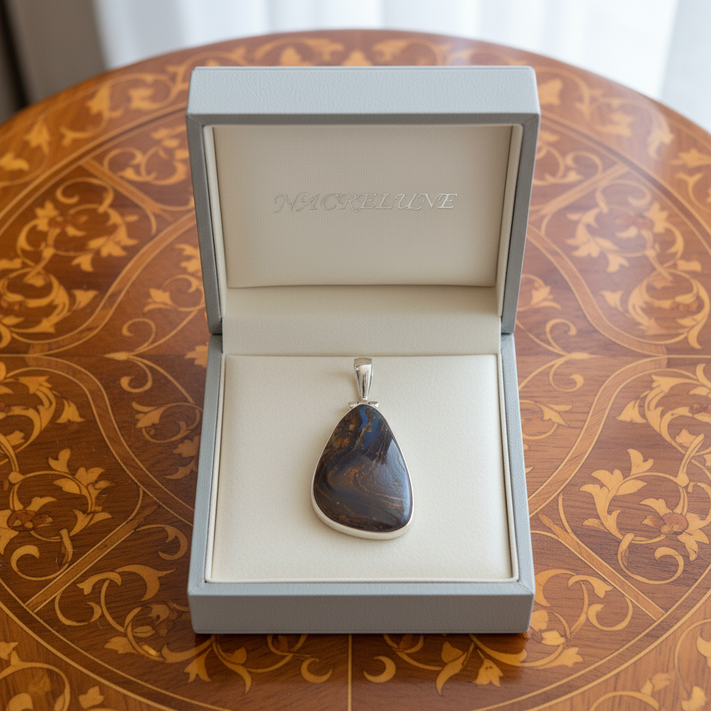 Pendentif en argent 925 avec opale brute dans sa roche mère nacrelune.com pendentif