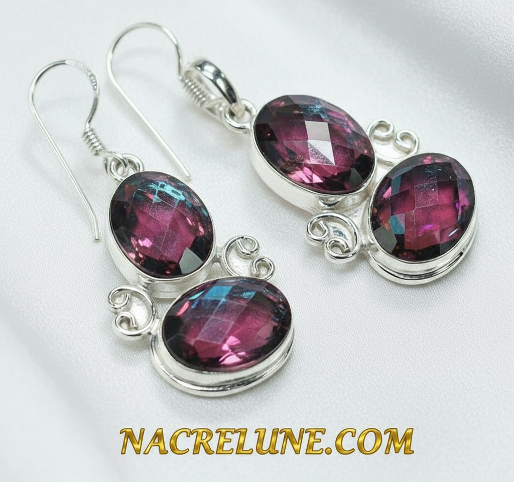 Boucles d'oreille en argent avec topaze mystique bleu-rouge nacrelune.com boucles d'oreille