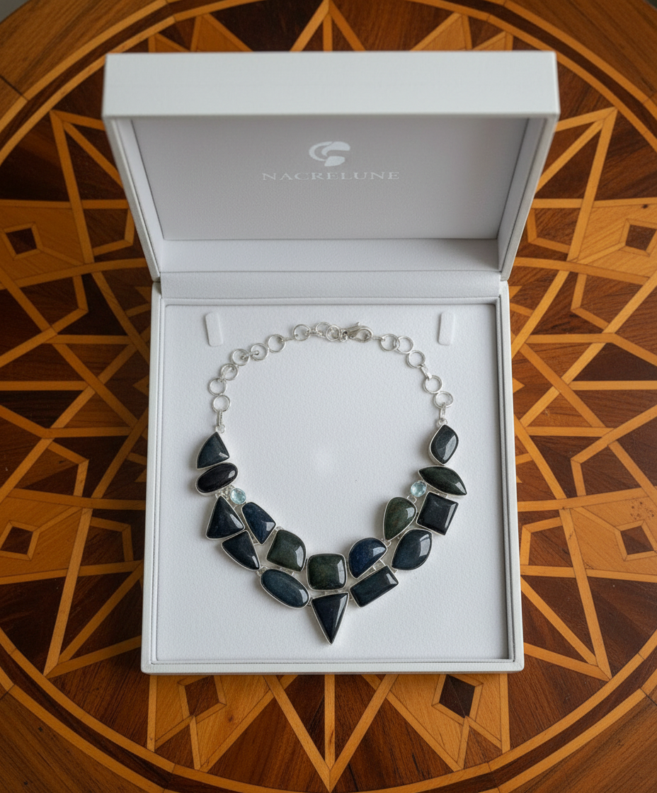 Collier en argent 925 et agates vertes indiennes nacrelune.com collier