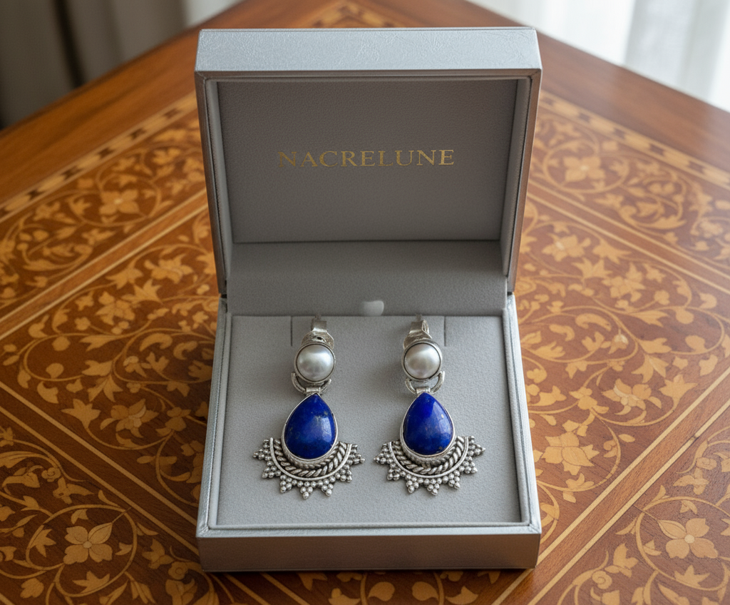 Boucles d'oreille en argent véritable avec lapis lazuli et perles nacrelune.com boucles d'oreille