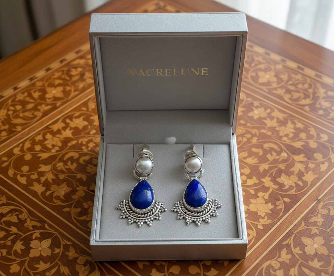 Boucles d'oreille en argent véritable avec lapis lazuli et perles NACRELUNE boucles d'oreille