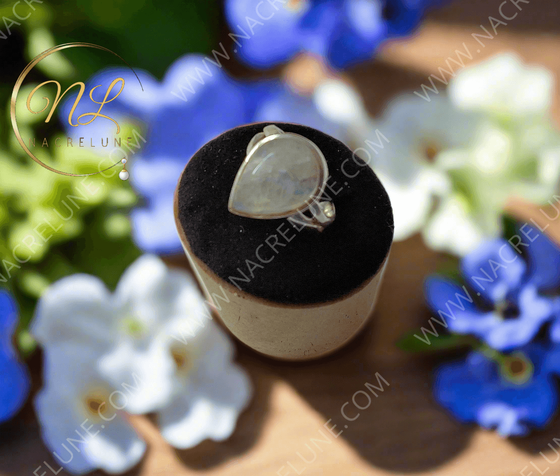 Bague en argent véritable avec magnifique pierre de lune bleue